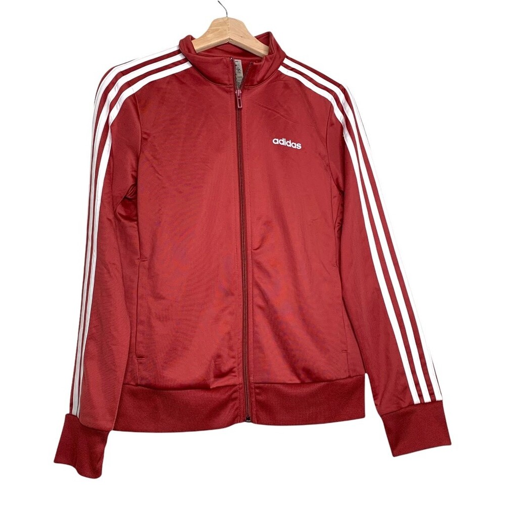 Adidas Womens Track Jacket Red White Mock Neck Full Zip Front Pockets S